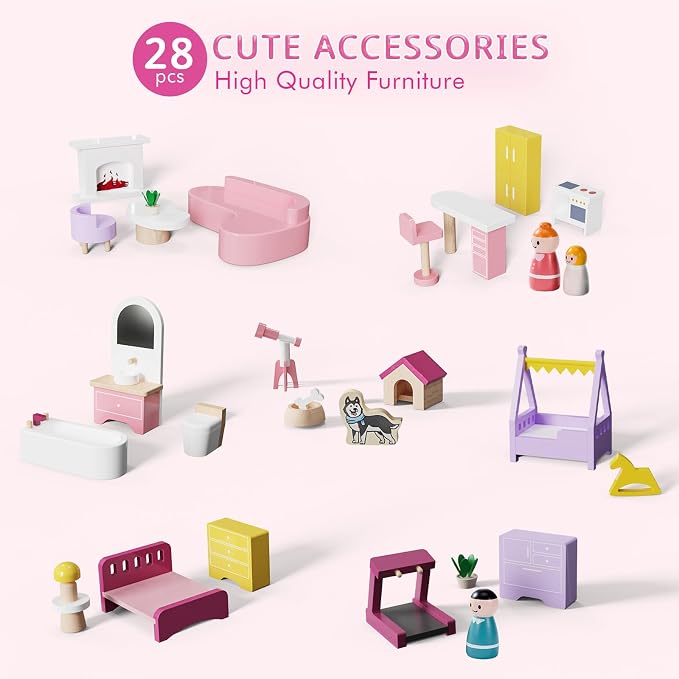 Wooden Doll House with 53Pcs Furniture Doll House, 6 Rooms Toddler Dollhouse Includes Spiral Wooden Staircase and Balcony, Modern Family Dollhouse with Realistic Design Gift for Ages 3+ Pink