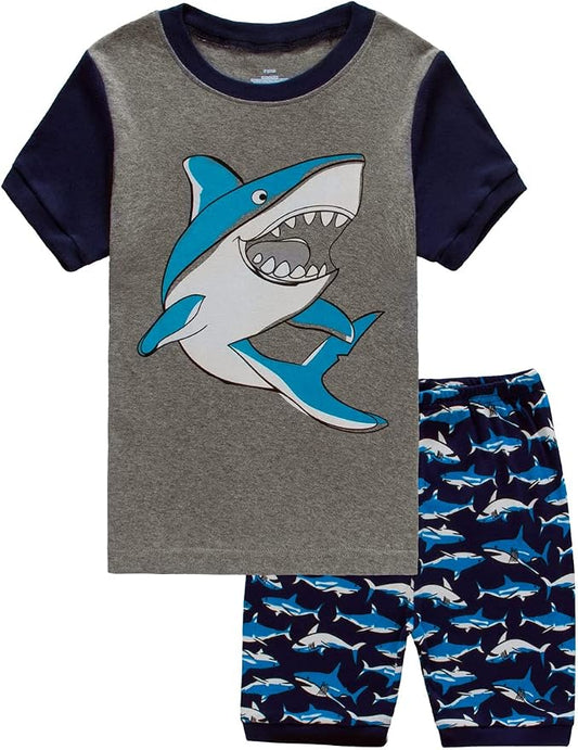 Popshion Little Boys 2 Piece Short Pajamas Train Shark Sleepwear 100% Cotton Toddler Dinosaur Pjs Summer Kids Clothes 2-7T
