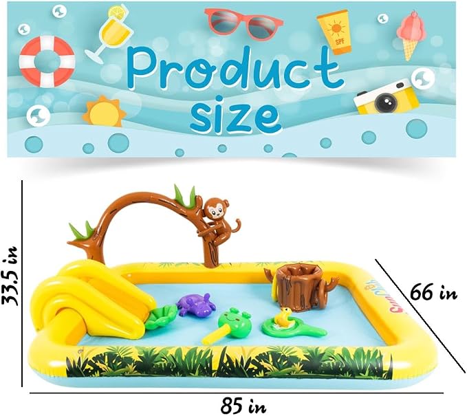 Inflatable Jungle Animal Play Center Outdoor Playhouse Inflatable Water Park with Kid Pool Slide, Sprinkler Toy with Base Pool, Monkey, Tree Stump for Garden Backyard