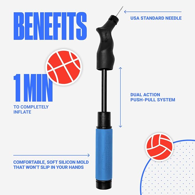 SPORTBIT Ball Pump for Sports Balls - Push & Pull Inflating System - Hand Pump for Exercise Balls - Volleyball Pump, Basketball Inflator, Ball Air Pump - Goes with 5 Needles Set