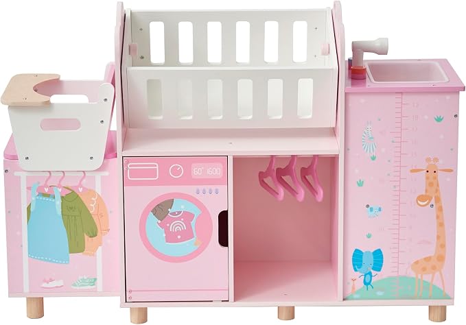 Olivia's Little World Amanda 6-in-1 Wooden Doll Nursery Station, Pink/Multi | Rocking Cradle, High Chair, Storage, Washing Machine and Sink, For 3 yrs and up