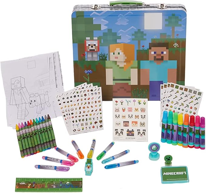 Innovative Designs Minecraft Kids Deluxe Activity Set with Carrying Tin, Coloring Sheets, Tattoos, Stickers, & Art Supplies