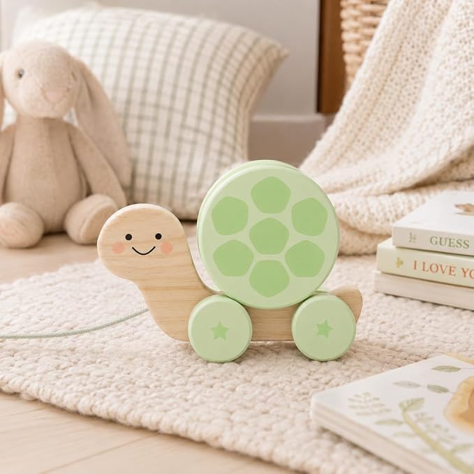 Pearhead Wooden Turtle Push and Pull Toy, Montessori Shake and Rattle Shell, Baby Walking and Gross Motor Development Learning, Pull Along Car Toy, Ages 12m+