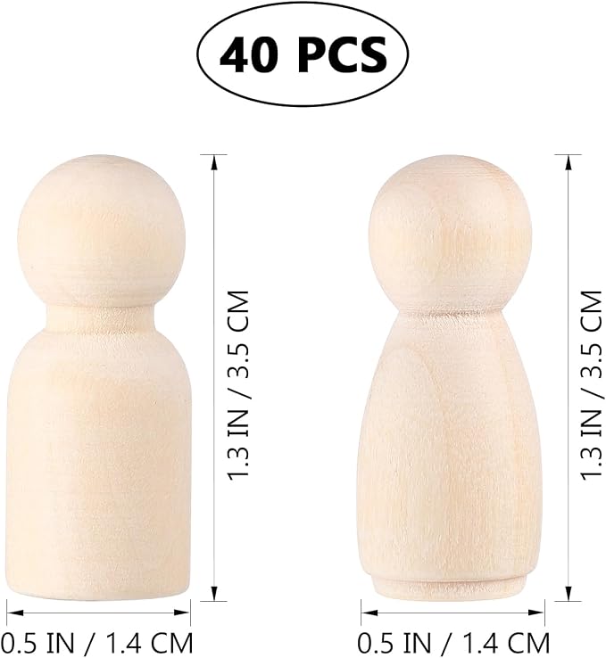 Wooden Peg Dolls, Peg Dolls Unfinished, Wooden People Figures, Natural Wood Figures for Painting, DIY Arts and Crafts, 2 Different Shapes, 40 PCS