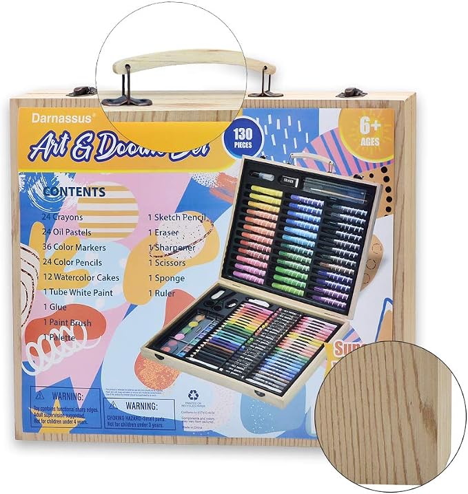 Darnassus 130-Piece Art Set, Deluxe Professional Color Set, with Compact Portable Wooden Case, Art Kit Gift for 4-12 Age