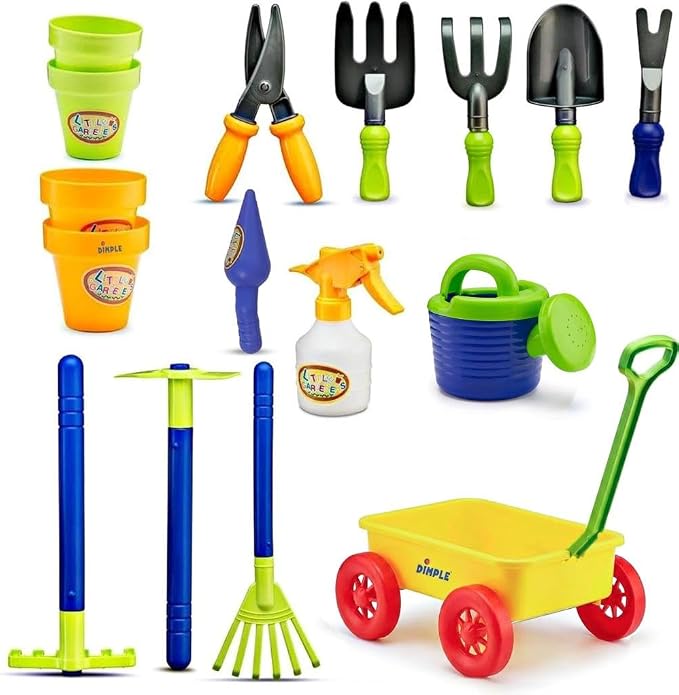 Dimple Kids Garden Wagon and Tool Set 15 Piece Toddler Gardening Playset with Plastic Garden Tools and Wagon Outdoor Play Toys for Yard Beach Sandbox Kids Gardening Kit for Boys and Girls Pretend Play