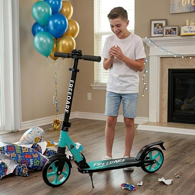 FREEDARE Kick Scooter for Kids & Adults Ages 8+, Foldable Teen Scooter with 2 Big 8-inch Wheels and 4-Level Adjustable Handlebar, Max Load 220 LBS