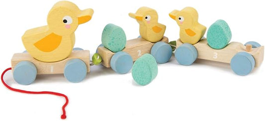 Tender Leaf Toys - Pull Along Ducks - Classic Wooden Pull Along Toy - 9pc Duck Family Set with 1 Mother Duck, 2 Baby Ducks, 3 Eggs and 3 Cars - Encourages Number Learning - 18Mths+
