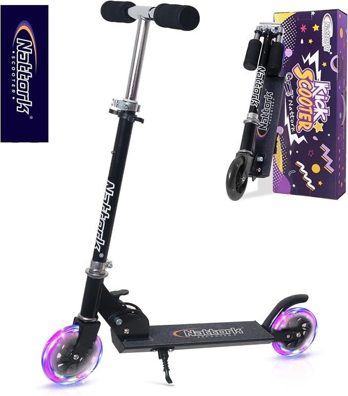 Nattork Scooter for Kids Ages 3-8 – Kick Kids Scooters for Girls & Boys Light up Wheels Portable Lightweight Folding Design with Reducing System and Adjustable Height Handlebars and up to 110 Lbs