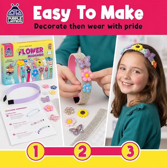 PURPLE LADYBUG Flower Headband Making Kit for Girls - Summer Toys for Kids Ages 4-8, Summer Crafts for Kids, 6 Year Old Girl Birthday Gift, Hair Accessories for Girls, Decorative Craft Activity Set