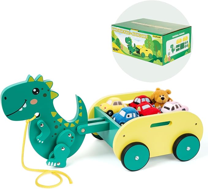 Wooden Walking Pull Along Wagon for Kids Dinosaur Toys Car Rolling Cart for Toddlers Montessori Toys Gift for 1 2 3 4 Years Old Boys Girls