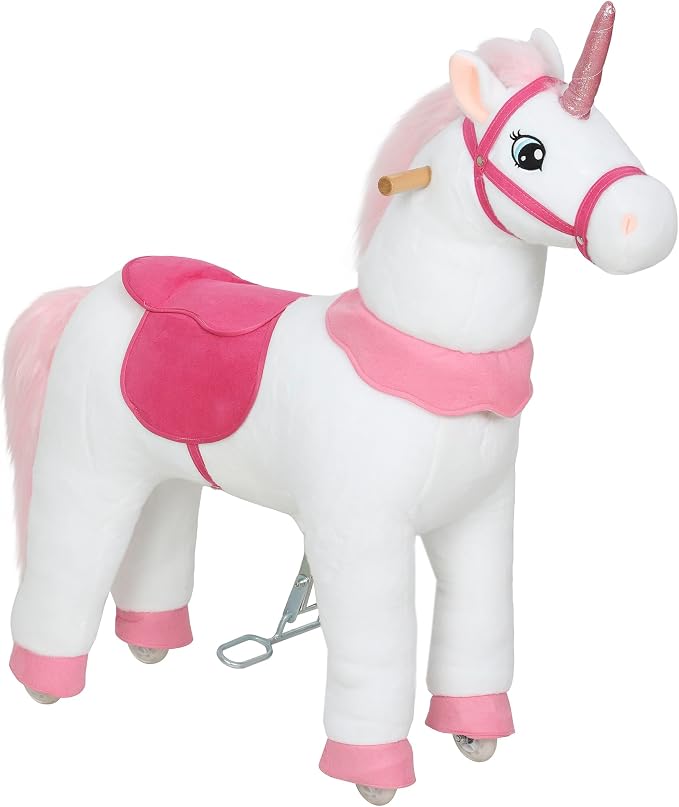 Qaba Ride on Horse for Kids 4-7 Years, 37.8 Inch Height Plush Riding Unicorn, Walking Horse Animal with Rolling Wheels for Active Play, No Batteries Required, White