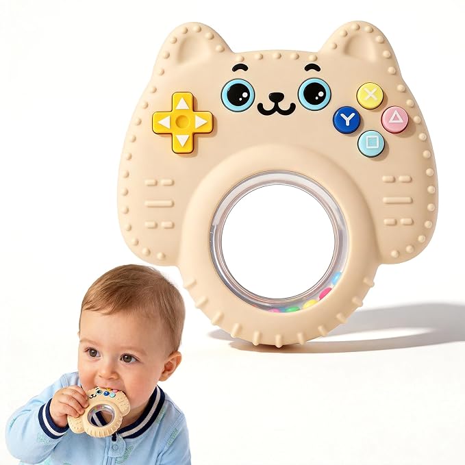 Baby Teether Toy Silicone Cat Teething Ring -Game Controller, Baby Rattle Toy Chew Sensory Toys for Babies Over 3 Months, Teething Relief for Newborn Infant Essentials 0-6 6-12 Months, BPA Free -Beige