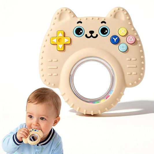 Baby Teether Toy Silicone Cat Teething Ring -Game Controller, Baby Rattle Toy Chew Sensory Toys for Babies Over 3 Months, Teething Relief for Newborn Infant Essentials 0-6 6-12 Months, BPA Free -Beige