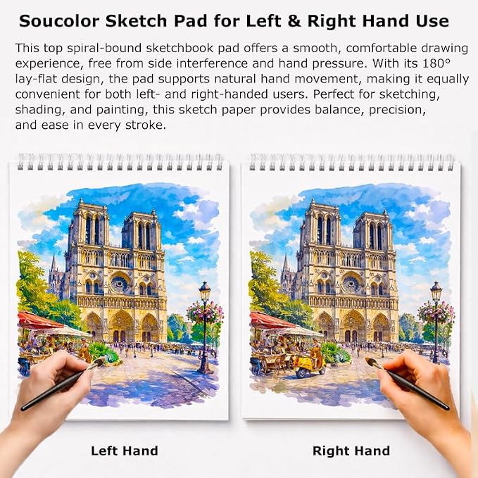 Soucolor 9" x 12" Sketch Book,Top Spiral Sketch Pad,100 Sheets 68lb Acid-Free Sketchbook Drawing Paper Supplies for Pencil & Charcoal Sketching, Art Supplies for Kids, Adults & Beginners
