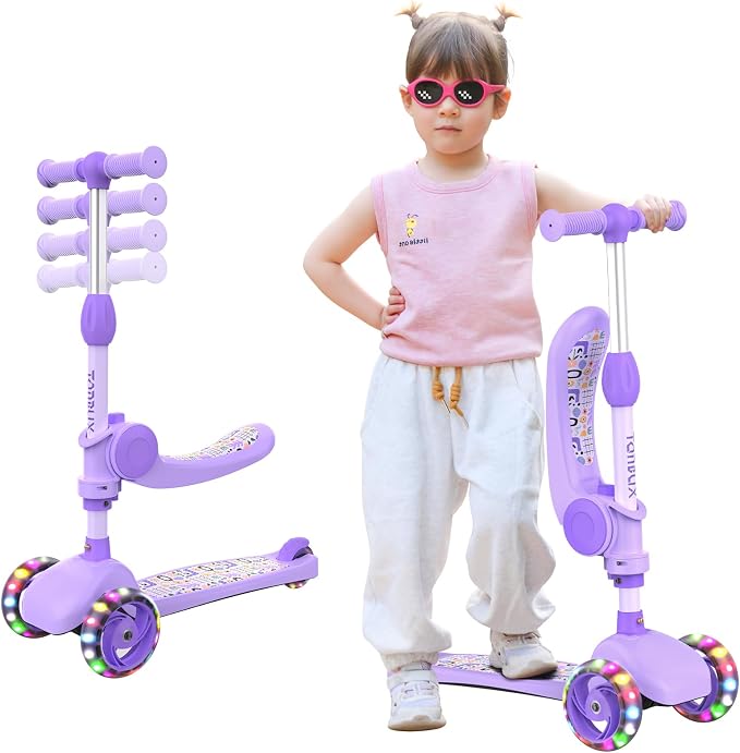 TONBUX Kids Scooter with Seat, 3 Wheels Scooter with PU Luminous Wheels, Non-Slip Handle and Wide Deck, Sensitive Brakes, 4-Level Adjustable Height, Scooters for Kids 2–8 Years