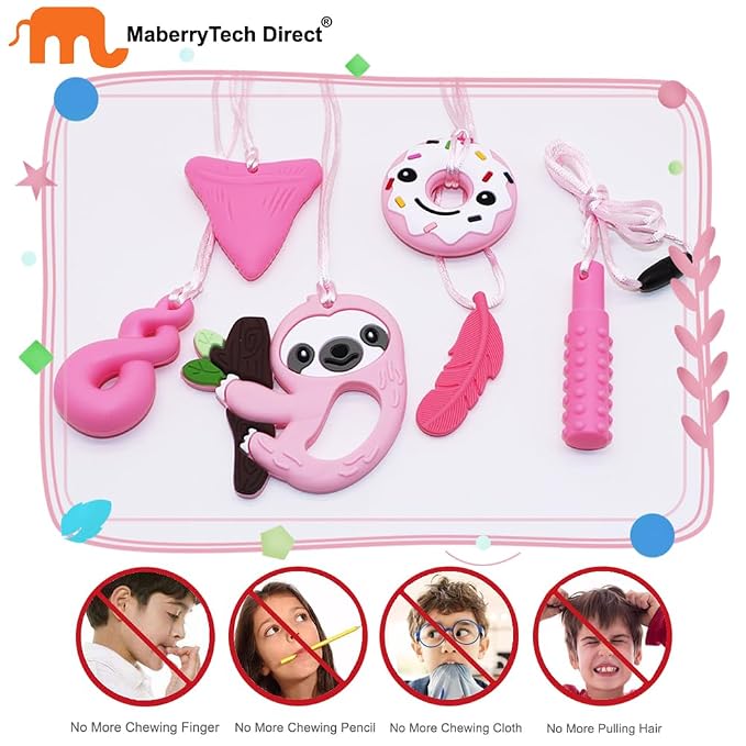 Chew Necklaces Sensory Stim Toys for Kids - 6 Pack, Silicone Chewy Necklaces for Girls Boys Teens Adults with Autism Anxiety ADHD SPD or Other Sensory Needs - Pink