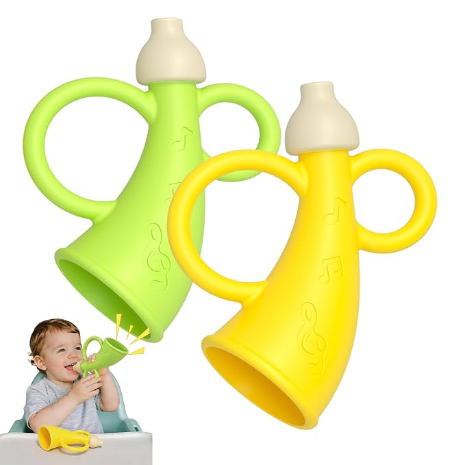 Baby Trumpet Toy 6-12 Months, Silicone Baby horn blowing toy with 2PCS yellow green for Teething Sensory play, Easy Grip Toddler whistle toys 0-6 Months Newborn Gift (Horn)