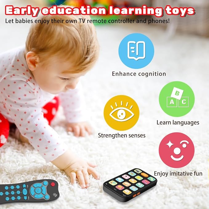 Toy Phone Baby Remote Control Toy Set, Play Phones TV Remote Control with Music Light for 6+ Months, Early Learning Baby Toys Gift for 1 Year Old Boys Girls Toddler Infant Kids, English/Spanish, Blue