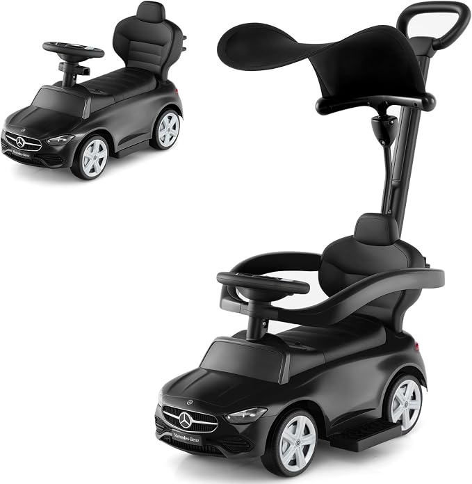 OLAKIDS Push Car for Toddlers, 3 in 1 Licensed Mercedes Benz Baby Sliding Walking with Parent Control Handle Adjustable Canopy Guardrail Under Seat Storage, Kids Ride on Toys with Horn (Dark)