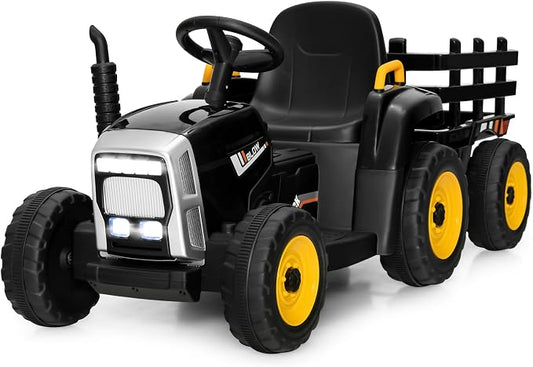 Costzon Ride on Tractor with Detachable Trailer, Kids' Electric Vehicles w/3-Gear-Shift Ground Loader, Wireless Design & USB, 7 LED Headlights, Remote Control Tractor Toy for Kids 3+ (12V, Black)