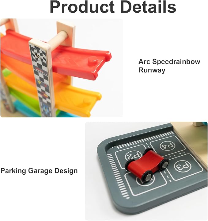 WOOD CITY Wooden Car Ramp Racer Toy Vehicle Set with 5 Mini Cars & Race Tracks, Toddler Toys Montessori Cars Toys Birthday Gift for Kids Boys and Girls