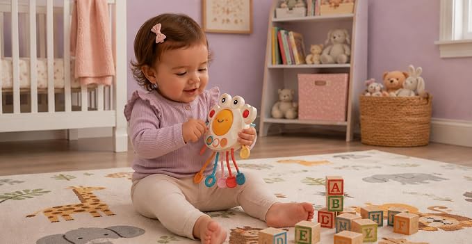 Yummy Baby Products Montessori Sensory Toy for Babies, Silicone Pull String Teething Toy, Perfect for Entertaining Baby While Developing Motor and Sensory Skills (Crab)