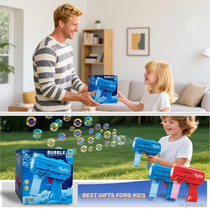 2 Pack Kids Bubble Machine Gun for Toddlers with Bubble Solutions Outdoor Toys Automatic 10-Hole Bubbles for Kids Bubble Blower Maker Party for Boys Girls Easter Basket Stuffers Valentines Gift