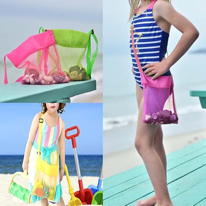 LEMAXELERS 5-PCS Colorful Mesh Beach Bag Shell Collecting Bag Toy Holding Shells with Adjustable Carrying Straps Beach Bags for Kids (5-Pack)