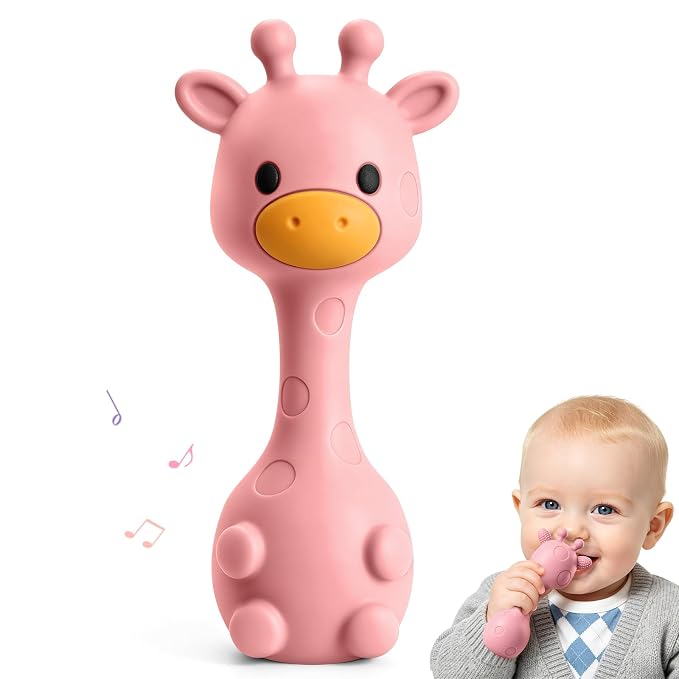 Baby Rattles Teething Toys 3-6 6-12 Month, Multi-Functional BPA-Free Silicone Teether Toys for Teething Relief & Sensory Rattle Play, Perfect Infant Newborn Toys & Baby Gifts (Rose Pink)