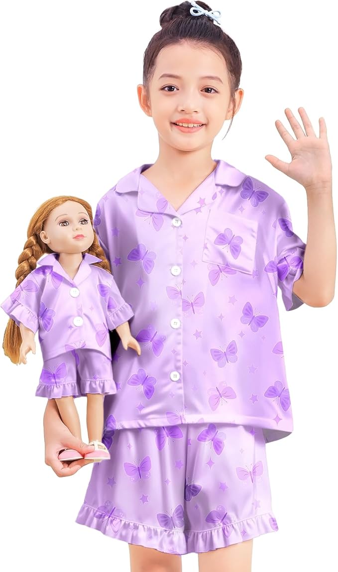 ICOSY Matching Doll & Girls Silk Pajamas Satin Pjs for Girls Button-Down Top and Shorts for 18" Doll Girl Clothes