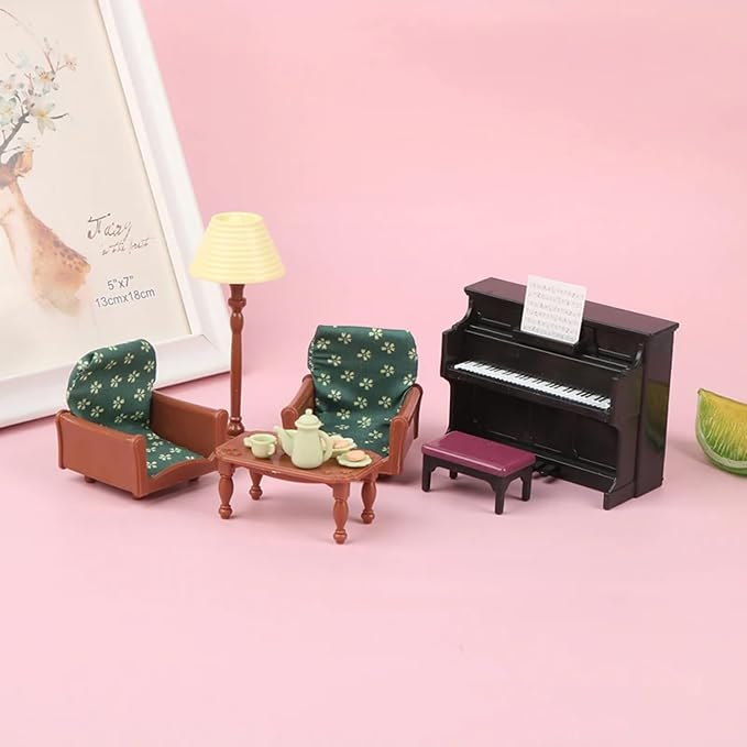 Family Dollhouse Living Room Set — Piano with Bench & Sheet Music, Two Armchairs, Coffee Table, Floor Lamp & Tea Set — Dollhouse Furniture & Accessories for Ages 3+