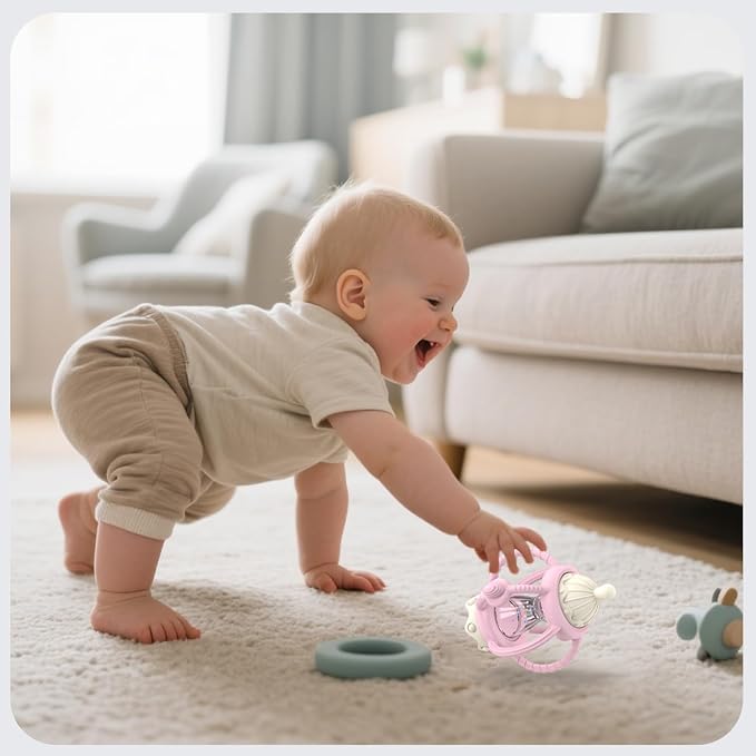 Silicone Teether Rattle Toy for Babies 0-12 Months Teething Relief | Montessori Sensory Teething Toy with Pacifier, Easy Grasp Handle for Infant Boys & Girls, Baby Must Haves