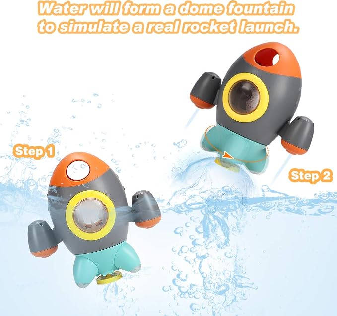 Elovien Baby Bath Toys, Space Rocket Shape Bathtub Toys for Toddlers, Spray Water Toys w/ Rotating Fountain, Bathroom Shower Toys for Infants Aged 18 Months 2 3 4 5 Years Old Kids Girls Boys