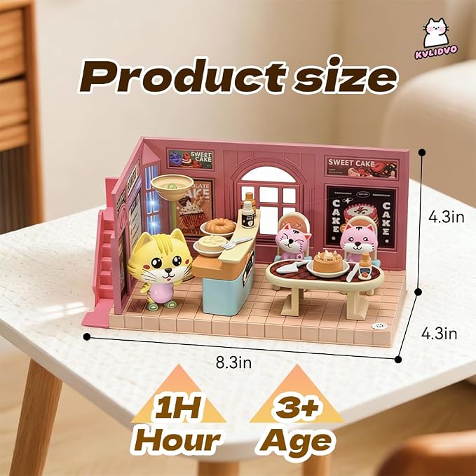 Koko's Cat Town DIY Miniature House Kit,Tiny Pink House Series–Cake Shop Building Kit,Dollhouse for 3 and up, Dollhouse Building Kit with Cats,Cat Toys Gift for Girls Boys Teens Kids Ages 3+