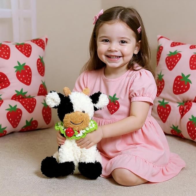 Hopearl Adorable Plush Cow Toy with Knitted Cute Strawberry Bib Floppy Dairy Cattle Soft Kawaii Stuffed Animal Gift for Boys Girls Kids Toddlers, 9''