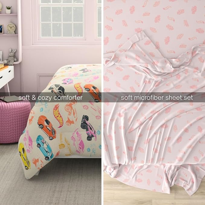 Hot Wheels Girls Kids Bedding Super Soft Comforter and Sheet Set with Sham, 5 Piece Twin Size, (Officially Licensed Product) By Franco