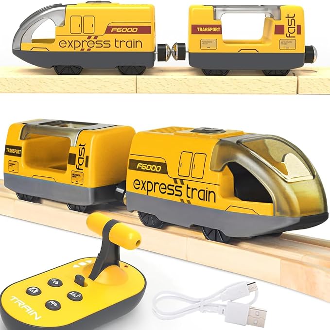 TOPLIVING Motorised Wooden Rail Train, Remote Control Train with Magnetic Connection, Battery Operated Locomotive Trains for Toddlers, Compatible with Thomas, Brio, Chuggington