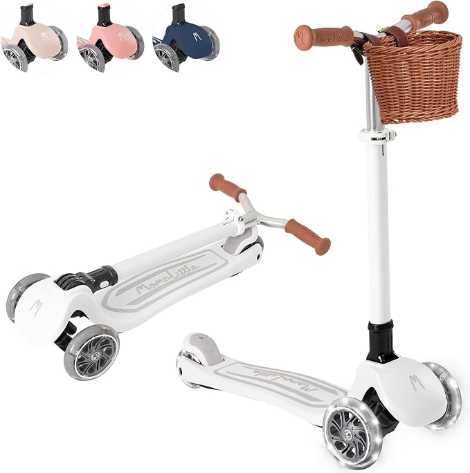 MomnLittle 3 Wheel Toddler Scooter for Kids Ages 3-10, Foldable Scooter with LED Light-Up Wheels, Lean-to-Steer Design, Mini Basket & 4 Adjustable Heights, Scooter for Boys and Girls