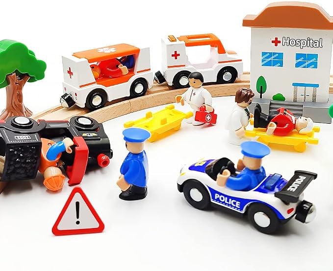 Magnetic Trains Cars Playset Wooden Train Track Accessories Station Wagon Train Set for Toddlers 3-5 Wooden Train Sets for Boys Girls Ages 3-4-7 (Ambulance B (with Light and Sound))