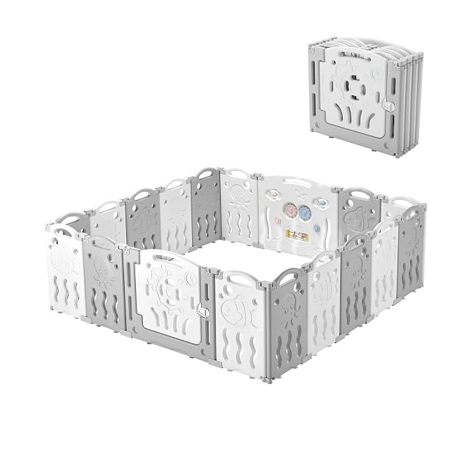 Albott Baby Fence Kid Playpen 18 Panel Albott Play Yard - Foldable Kids Safety Activity Center Playard Safety Lock Gate,Adjustable Shape, Portable Design for Indoor and Outdoor (18 Panel, Grey+White)