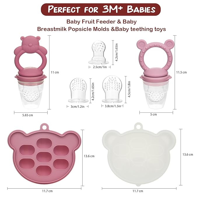Baby Breastmilk Popsicle Molds & Baby Fruit Feeder (4 Pack), Infant Food Freezer Tray Storage Containers, Silicone Teething Pacifier Feeder and Teether for Babies,Silicone Feeder(Pink)