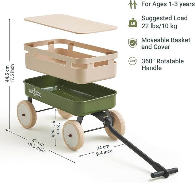 Kidpop Kids First Pull-Along Wagon with Removable Cover and Basket for Storage, 4-in-1 Push Pull Toy Cart for Toddlers, Lightweight (5.5 lbs), 1st Birthday Gift (Green)