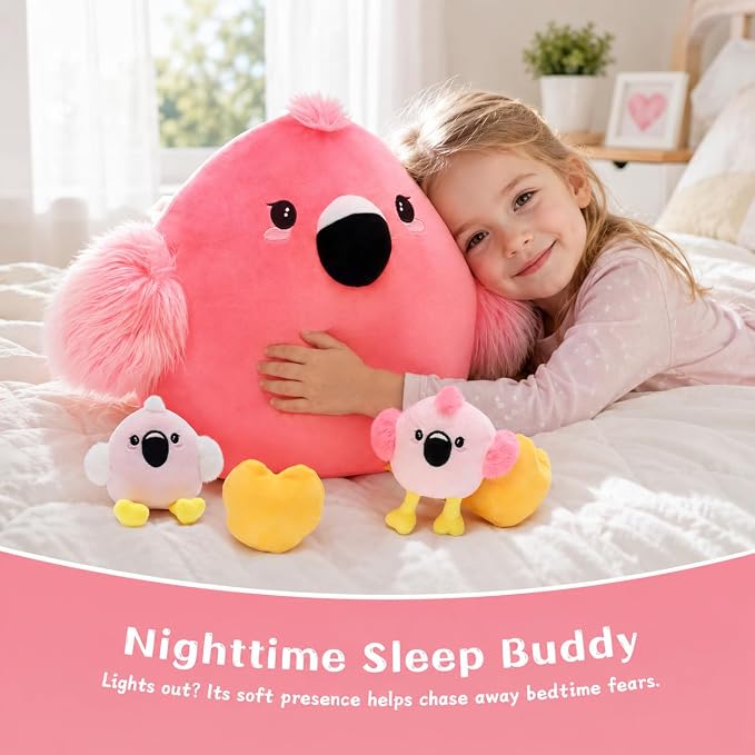 Tezituor Pink Flamingo Stuffed Animal, 5 in 1 Flamingo Plush Toy Pillow with 4 Babies, Zippered Tummy Mommy Flamingo Plushie Gift for Girls Kids, Mother’s Day Valentine’s Day Birthday Christmas