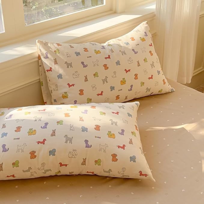 LIWHENHAO Dog Duvet Cover Set Twin 100% Cotton Bedding Colorful Cartoon Puppy 1 Cute Kawaii Animal Comforter Cover Zipper Closure 2 Pillowcases for Kids Girls Boys