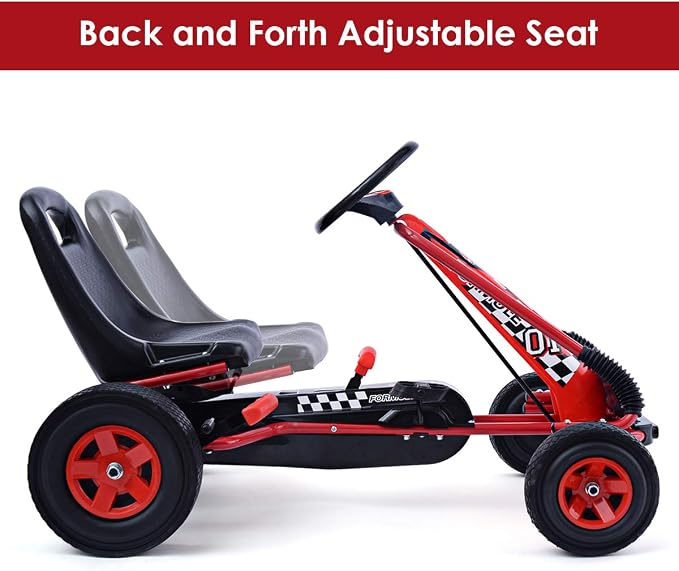 Costzon Go Kart for Kids, 4 Wheel Off-Road Pedal Go Cart w/Adjustable Seat, 2 Safety Brakes, EVA Rubber Tires, Ride-On Toys for Boys Girls, Outdoor Racer Pedal Car (Red, 40" L x 24''W x 24.5''H)