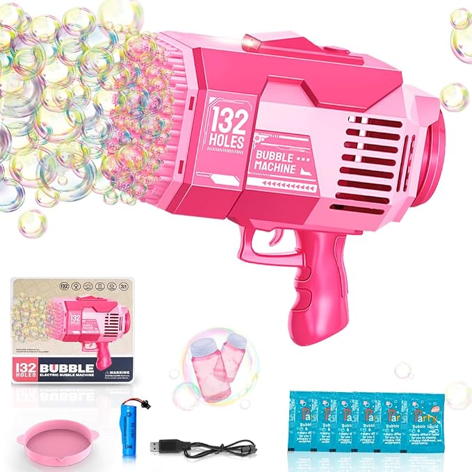 Upgraded 132 Holes Bubble Machine Gun,Bazooka Bubble Machine,Rocket Bubble Gun Bubble Machine,Summer Toys Bubble Blaster Maker for Kids, Wedding, Birthday Gift (Pink)