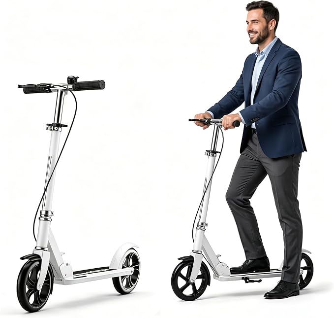 Scooters for Kids 8-12, Teens & Adults - Foldable&Portable Commuter Scooter with 8" Wheels, Bell, Hand Brake & Adjustable Height 30"-40.5", 240 lbs, Manual Push Scooter for Campus & Park