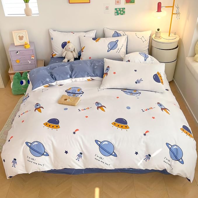 LIWHENHAO Space Duvet Cover Set Queen 100% Cotton Bedding Cartoon Astronaut Rocket Galaxy Print on White 1 Star Comforter Cover Full Zipper Closure 2 Pillowcases for Kids Girls Boys Woman