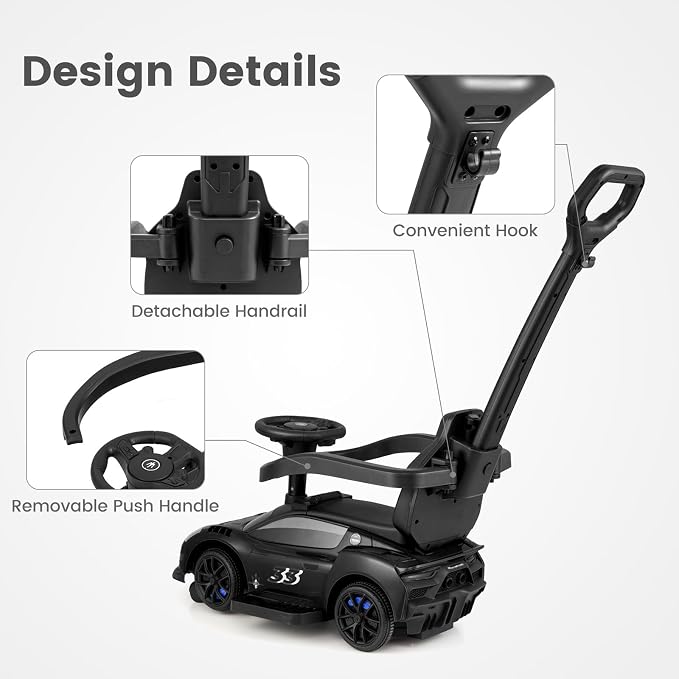 OLAKIDS Push Car for Toddlers, Licensed Maserati 3 in 1 Baby Ride on Sliding with Parent Control Handle, Universal Wheels Safe Guardrails Under Seat Storage, Kids Walking Toy with Music Horn (Black)